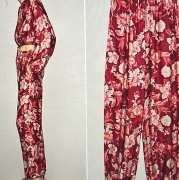 Zara 2 piece silky ruby/white floral kimono patterned outfit sz XS EUC! - Picture 9 of 9